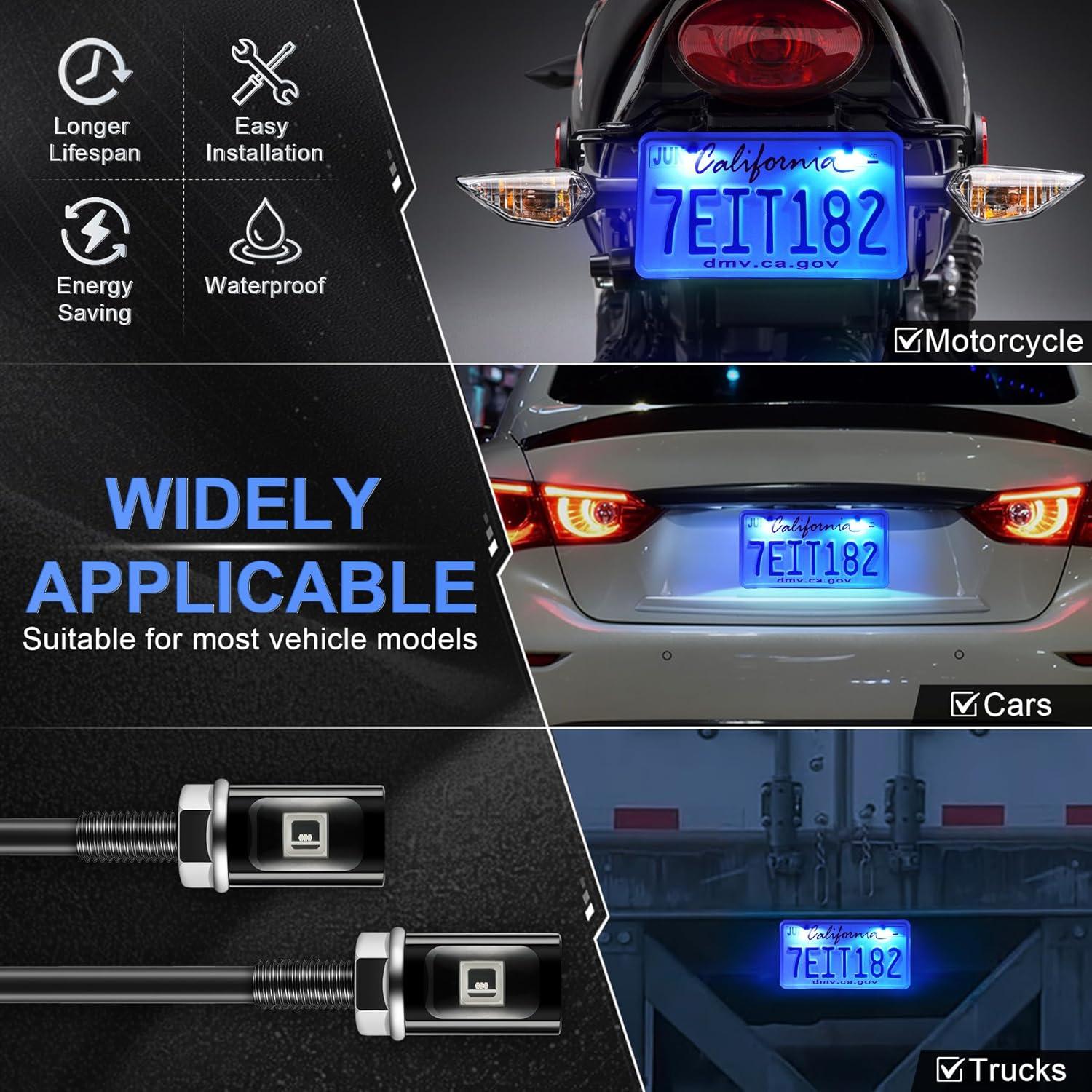imageLivTee Super Bright License Plate Light 12V License Tag Screw Bolt Accessories Waterproof Black Aluminium Light Holder Legal for Car Motorcycle Truck RV ATV Bike Xenon White2PCSBlue
