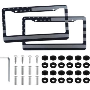 imageLivTee American Flag License Plate Frames 4 Holes Stainless Steel License Plate Covers 2PCS License Plate Holder Automotive Exterior AccessoriesWhite ampamp BlackFlag Gray  Black