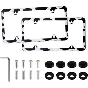 imageLivTee Flower Floral License Plate Frames 4 Holes Stainless Steel License Plate Covers 2PCS Car License Plate Holder Automotive Exterior AccessoriesCow Spot