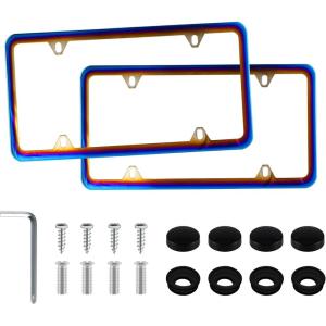 imageLivTee Flower Floral License Plate Frames 4 Holes Stainless Steel License Plate Covers 2PCS Car License Plate Holder Automotive Exterior AccessoriesColorful