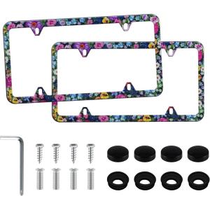 imageLivTee Flower Floral License Plate Frames 4 Holes Stainless Steel License Plate Covers 2PCS Car License Plate Holder Automotive Exterior AccessoriesFloral