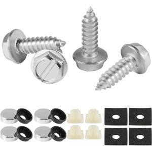 imageLivTee Rustproof License Plate Screws for Securing License Plates Frames and Covers on Cars and Trucks 8 Sets Premium Stainless Steel Self Tapping Mounting Bolts Black Zinc PlatedSlottedSilver