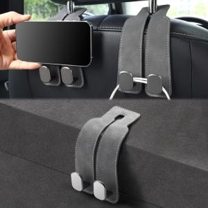 imageLivTee Headrest Purse Hook for Car Seat Hook Hangers Storage Organizer for Bags and Coats Holder Upgrade Leather Double Hook and Mobile Phone Holder for Universal Vehicle Car Accessories BrownGray