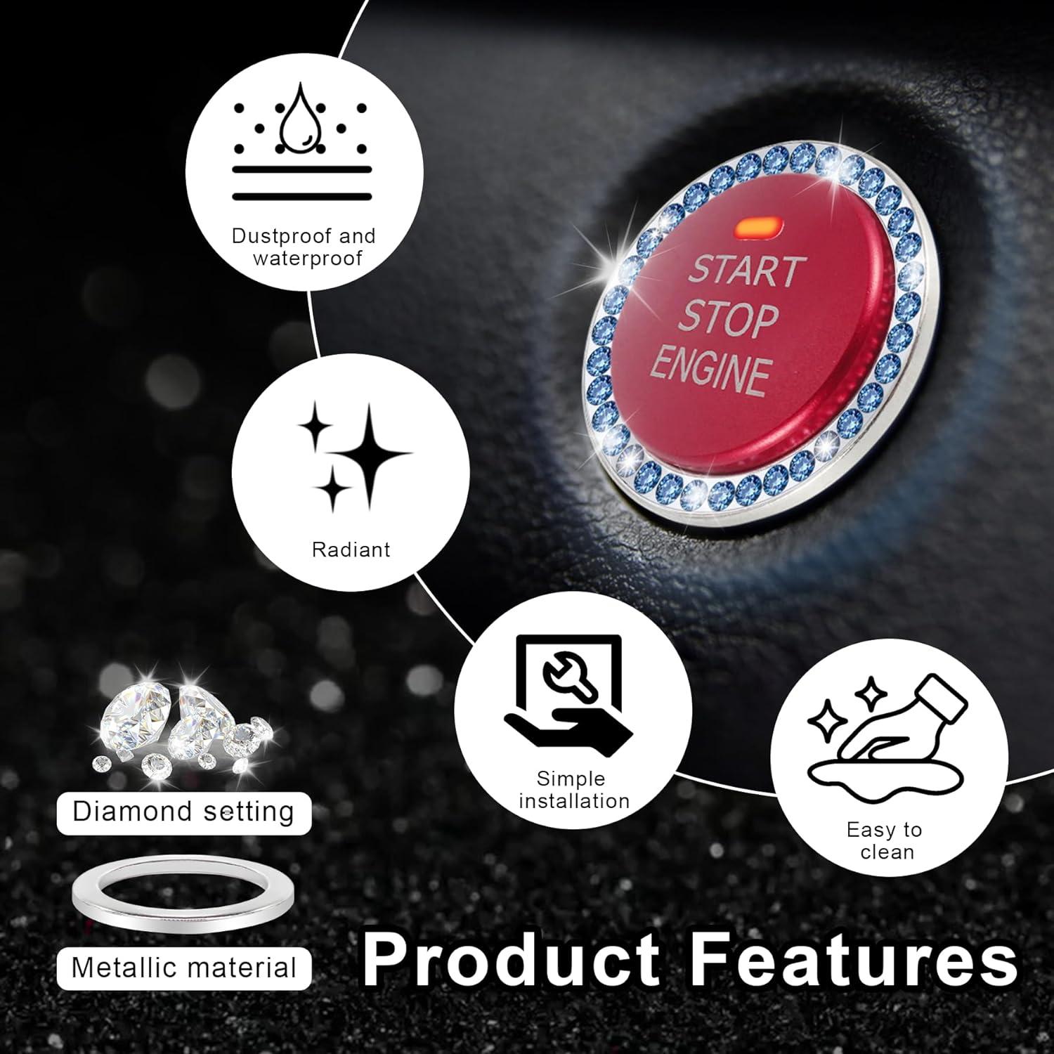 imageLivTee 2 PCS Crystal Rhinestone Car Engine Start Stop Decoration Ring Bling Car Interior Accessories for Women Push to Start Button Cover Sticker Automotive Decals WhiteSet Light Blue