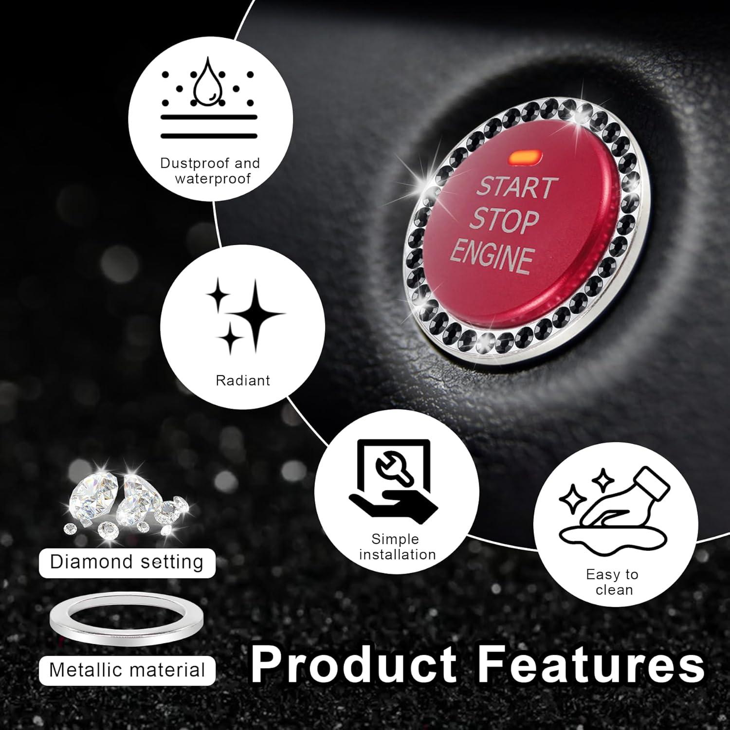 imageLivTee 2 PCS Crystal Rhinestone Car Engine Start Stop Decoration Ring Bling Car Interior Accessories for Women Push to Start Button Cover Sticker Automotive Decals WhiteSet Black