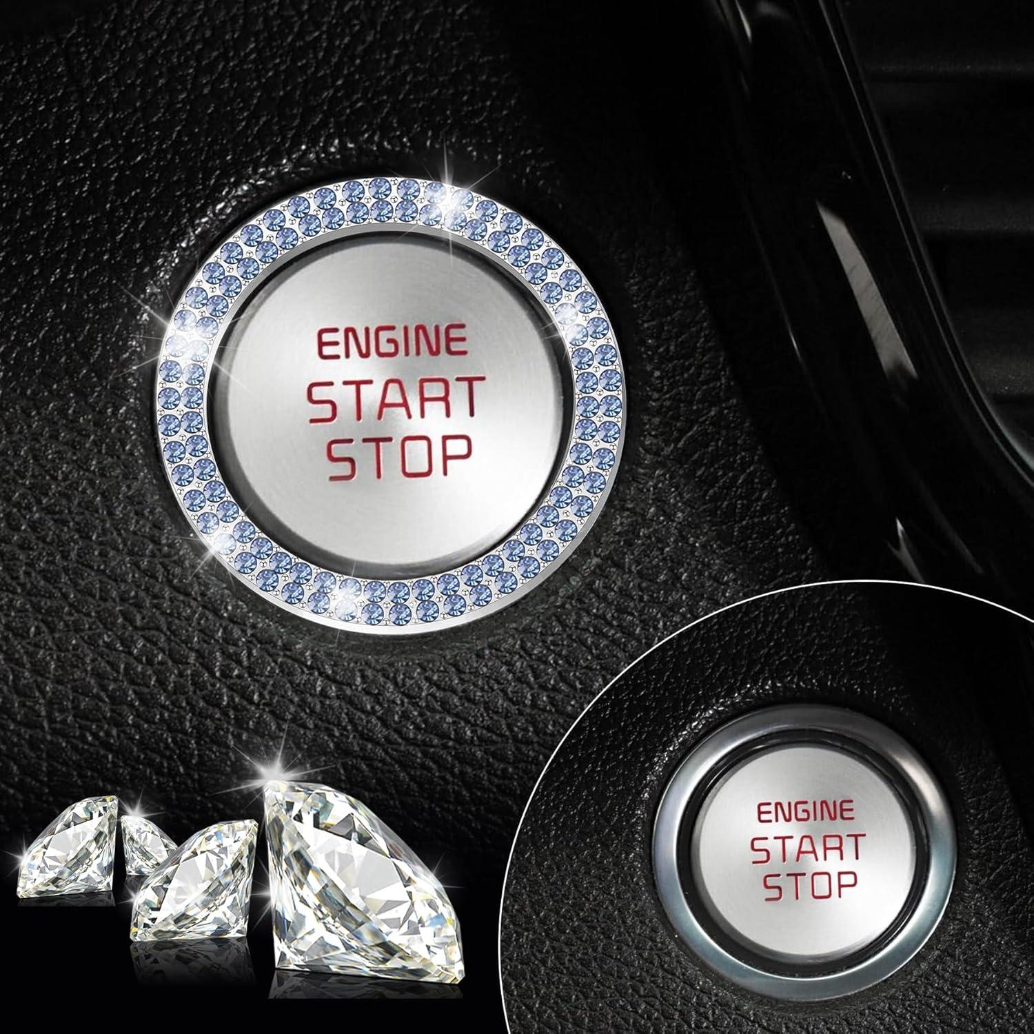imageLivTee 2 PCS Crystal Rhinestone Car Engine Start Stop Decoration Ring Bling Car Interior Accessories for Women Push to Start Button Cover Sticker Automotive Decals WhiteLight Blue