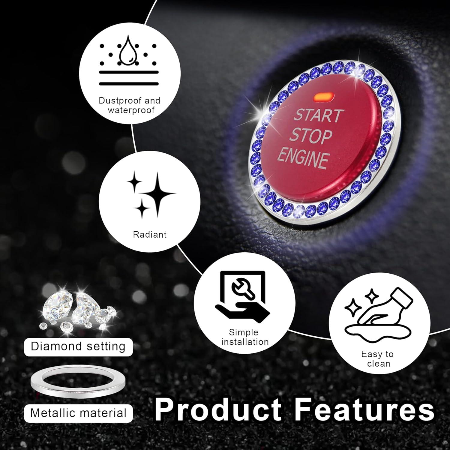 imageLivTee 2 PCS Crystal Rhinestone Car Engine Start Stop Decoration Ring Bling Car Interior Accessories for Women Push to Start Button Cover Sticker Automotive Decals WhiteDark Blue