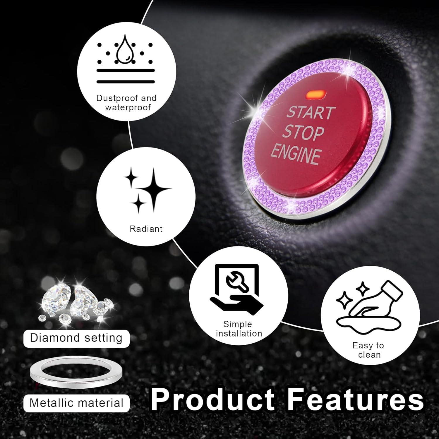 imageLivTee 2 PCS Crystal Rhinestone Car Engine Start Stop Decoration Ring Bling Car Interior Accessories for Women Push to Start Button Cover Sticker Automotive Decals WhiteDouble Purple