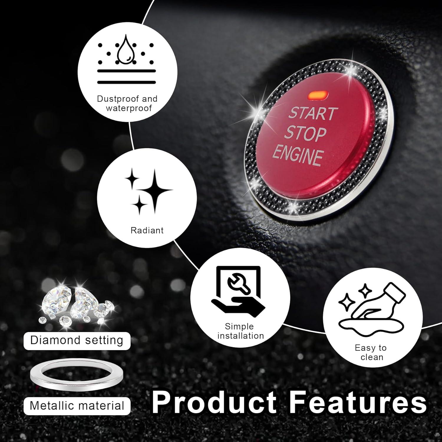 imageLivTee 2 PCS Crystal Rhinestone Car Engine Start Stop Decoration Ring Bling Car Interior Accessories for Women Push to Start Button Cover Sticker Automotive Decals WhiteDouble Black