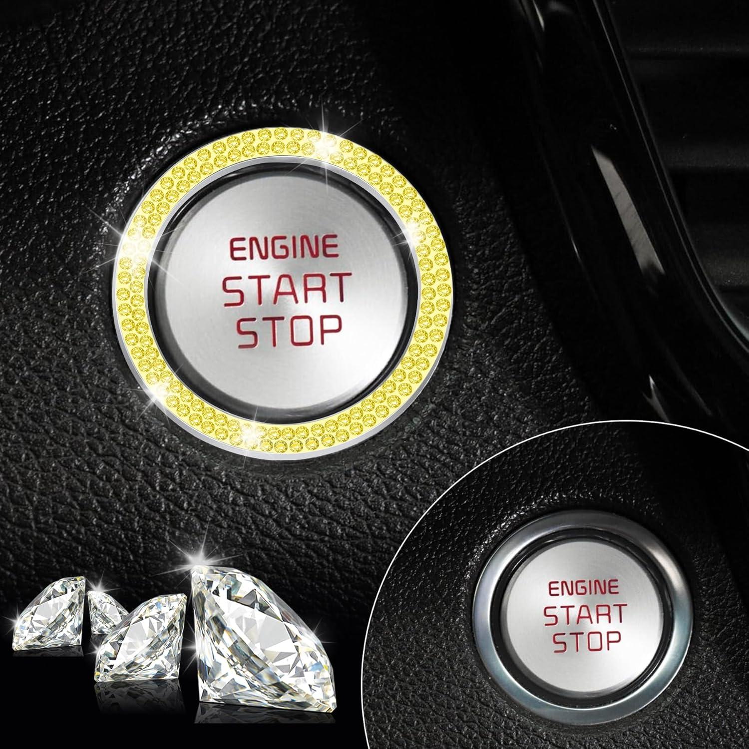 imageLivTee 2 PCS Crystal Rhinestone Car Engine Start Stop Decoration Ring Bling Car Interior Accessories for Women Push to Start Button Cover Sticker Automotive Decals WhiteDouble Lemonyellow