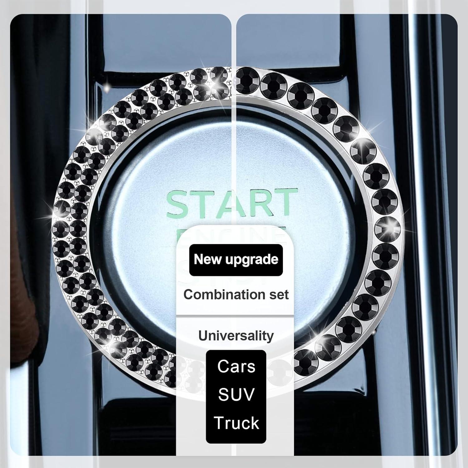 imageLivTee 2 PCS Crystal Rhinestone Car Engine Start Stop Decoration Ring Bling Car Interior Accessories for Women Push to Start Button Cover Sticker Automotive Decals WhiteSet Black