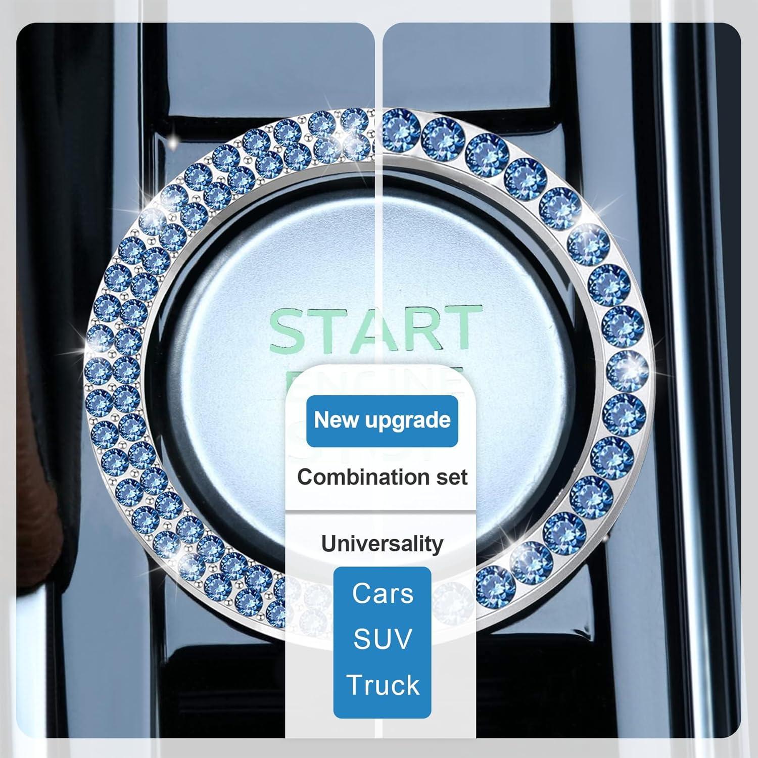 imageLivTee 2 PCS Crystal Rhinestone Car Engine Start Stop Decoration Ring Bling Car Interior Accessories for Women Push to Start Button Cover Sticker Automotive Decals WhiteSet Light Blue