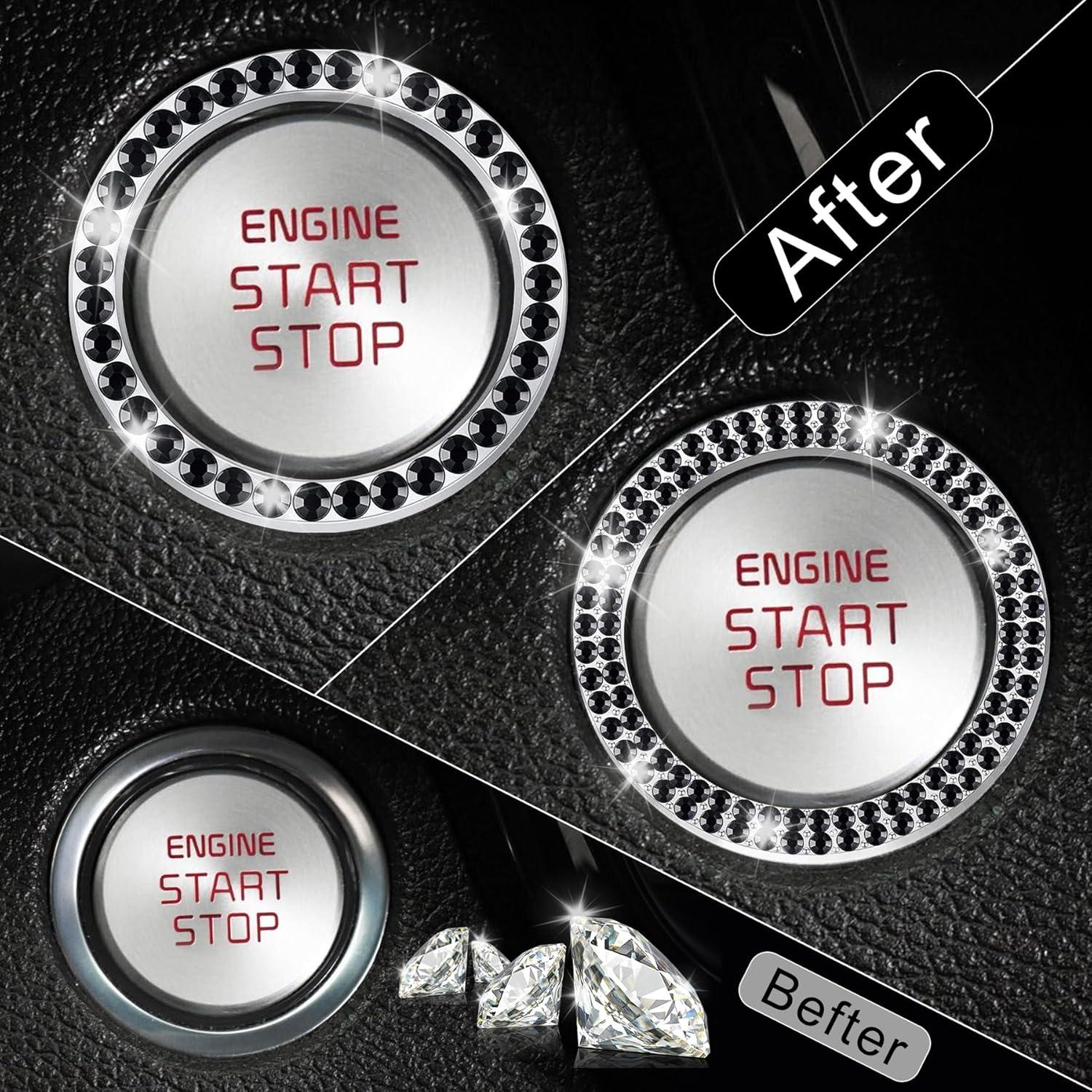 imageLivTee 2 PCS Crystal Rhinestone Car Engine Start Stop Decoration Ring Bling Car Interior Accessories for Women Push to Start Button Cover Sticker Automotive Decals WhiteSet Black