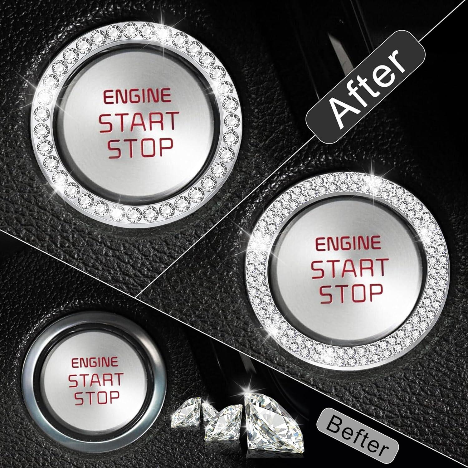 imageLivTee 2 PCS Crystal Rhinestone Car Engine Start Stop Decoration Ring Bling Car Interior Accessories for Women Push to Start Button Cover Sticker Automotive Decals WhiteSet White