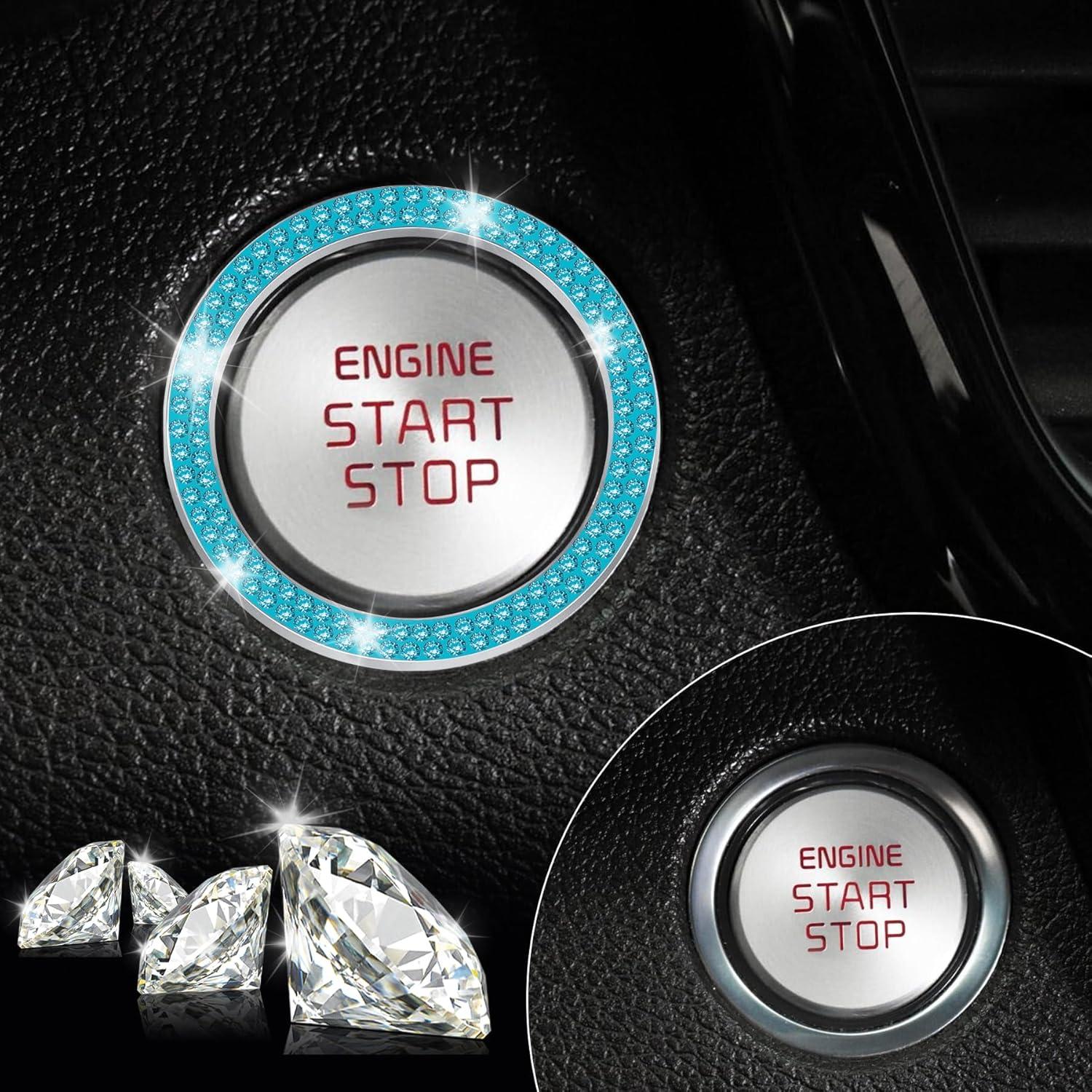 imageLivTee 2 PCS Crystal Rhinestone Car Engine Start Stop Decoration Ring Bling Car Interior Accessories for Women Push to Start Button Cover Sticker Automotive Decals WhiteDouble Cyan