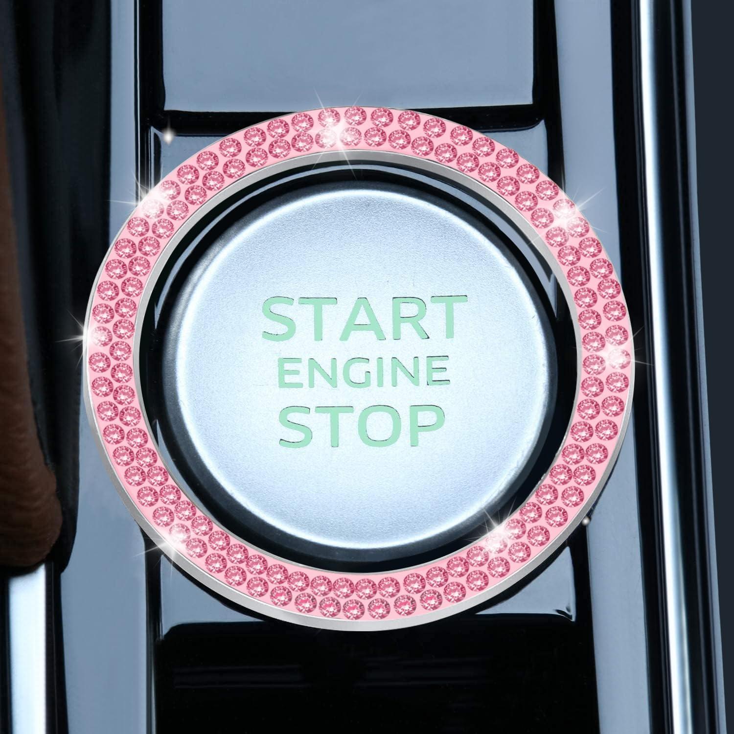 imageLivTee 2 PCS Crystal Rhinestone Car Engine Start Stop Decoration Ring Bling Car Interior Accessories for Women Push to Start Button Cover Sticker Automotive Decals WhiteDouble Pink