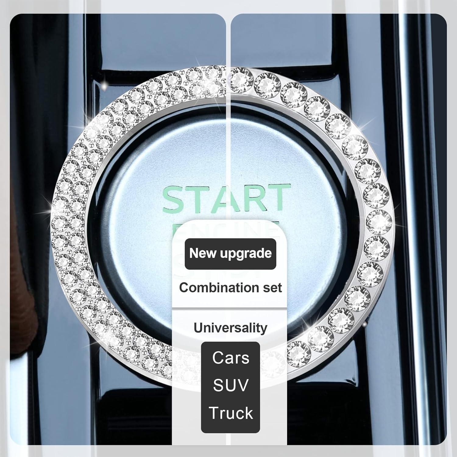 imageLivTee 2 PCS Crystal Rhinestone Car Engine Start Stop Decoration Ring Bling Car Interior Accessories for Women Push to Start Button Cover Sticker Automotive Decals WhiteSet White