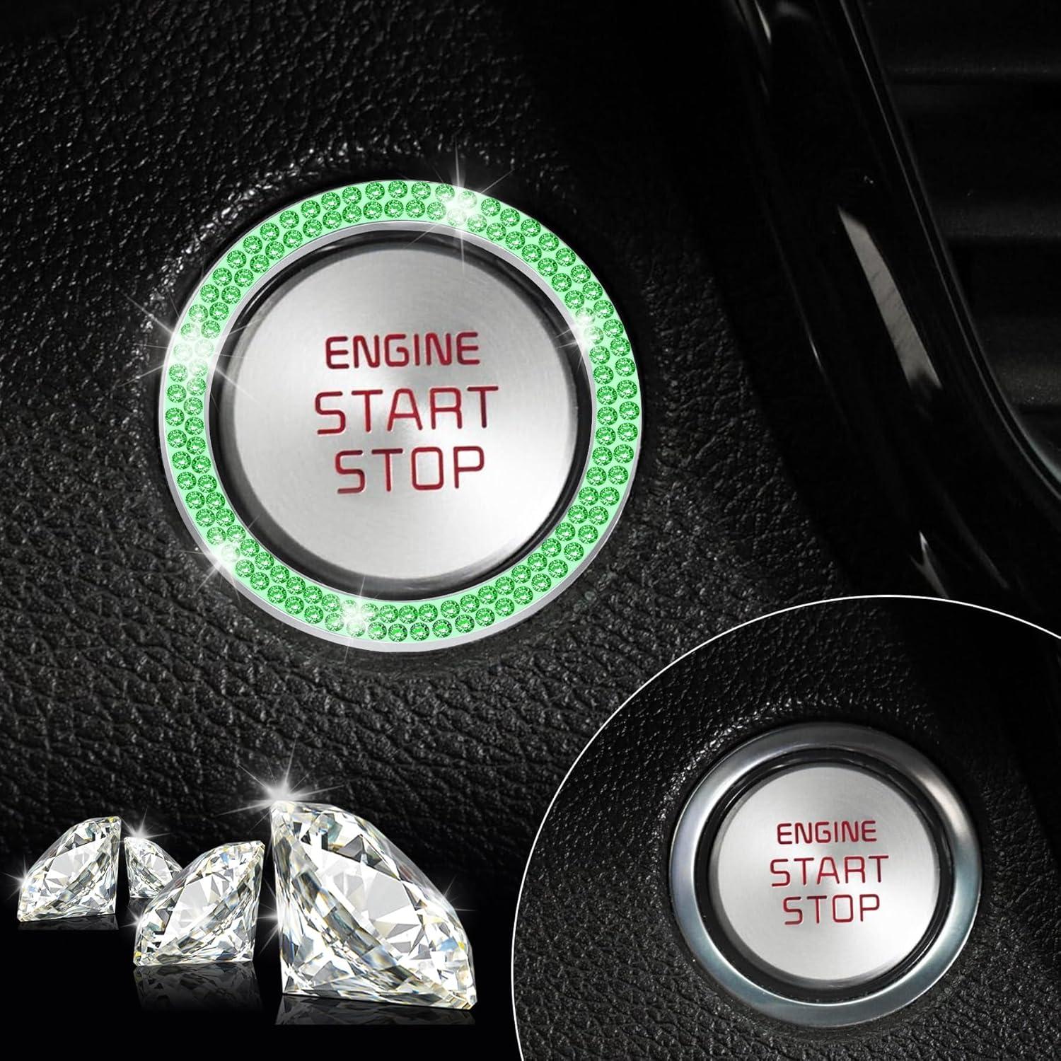 imageLivTee 2 PCS Crystal Rhinestone Car Engine Start Stop Decoration Ring Bling Car Interior Accessories for Women Push to Start Button Cover Sticker Automotive Decals WhiteDouble Light Green
