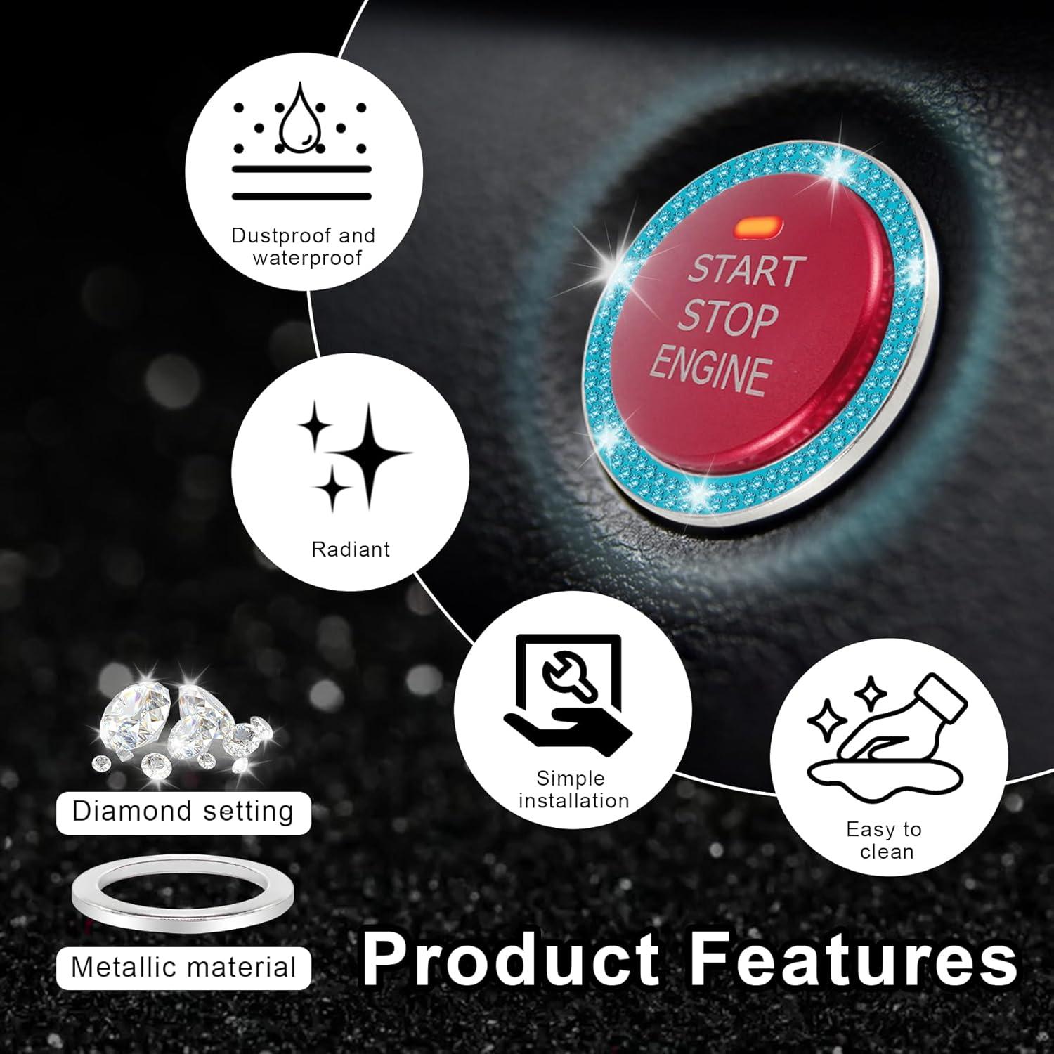 imageLivTee 2 PCS Crystal Rhinestone Car Engine Start Stop Decoration Ring Bling Car Interior Accessories for Women Push to Start Button Cover Sticker Automotive Decals WhiteDouble Cyan
