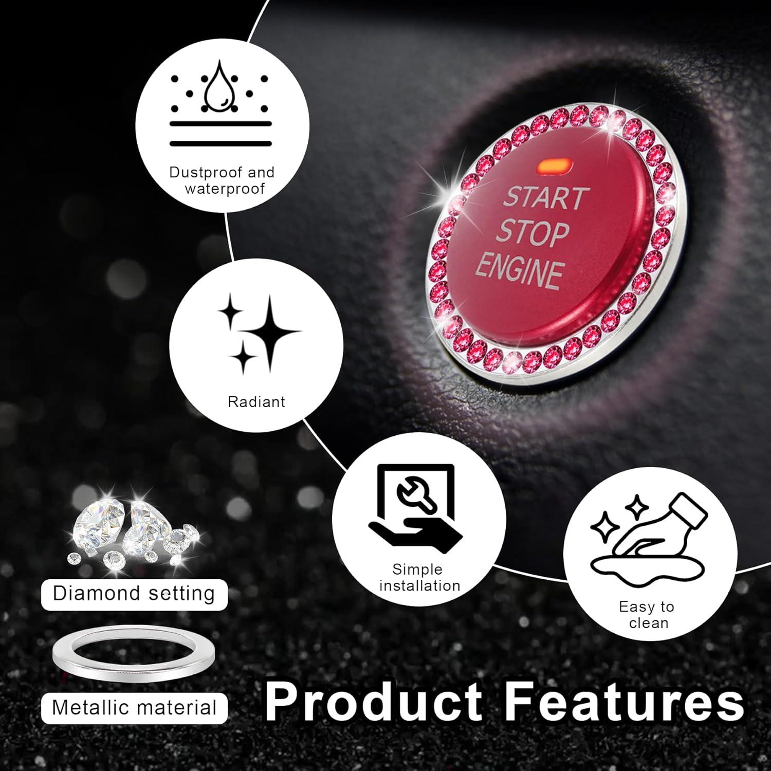 imageLivTee 2 PCS Crystal Rhinestone Car Engine Start Stop Decoration Ring Bling Car Interior Accessories for Women Push to Start Button Cover Sticker Automotive Decals WhiteSet Red