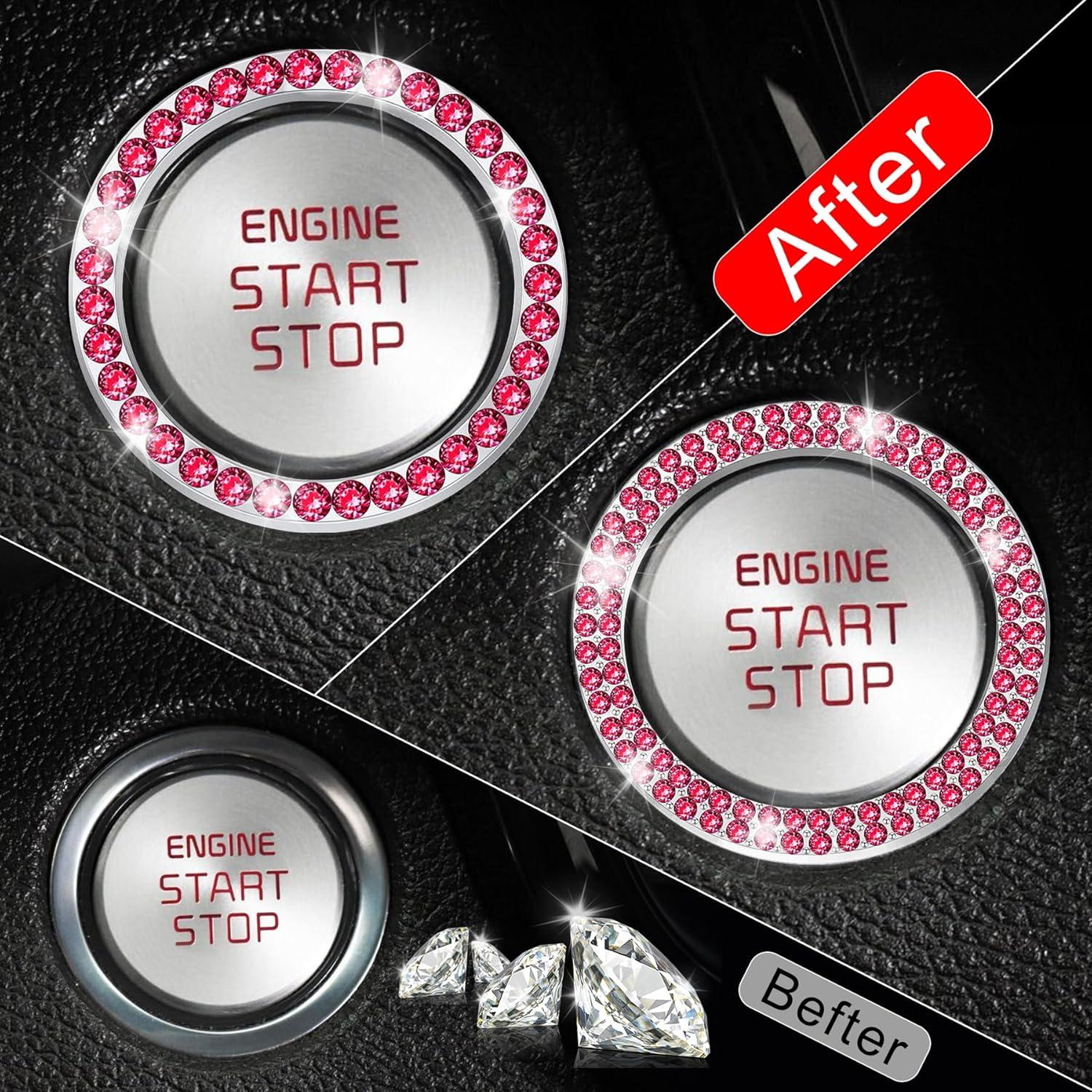 imageLivTee 2 PCS Crystal Rhinestone Car Engine Start Stop Decoration Ring Bling Car Interior Accessories for Women Push to Start Button Cover Sticker Automotive Decals WhiteSet Red