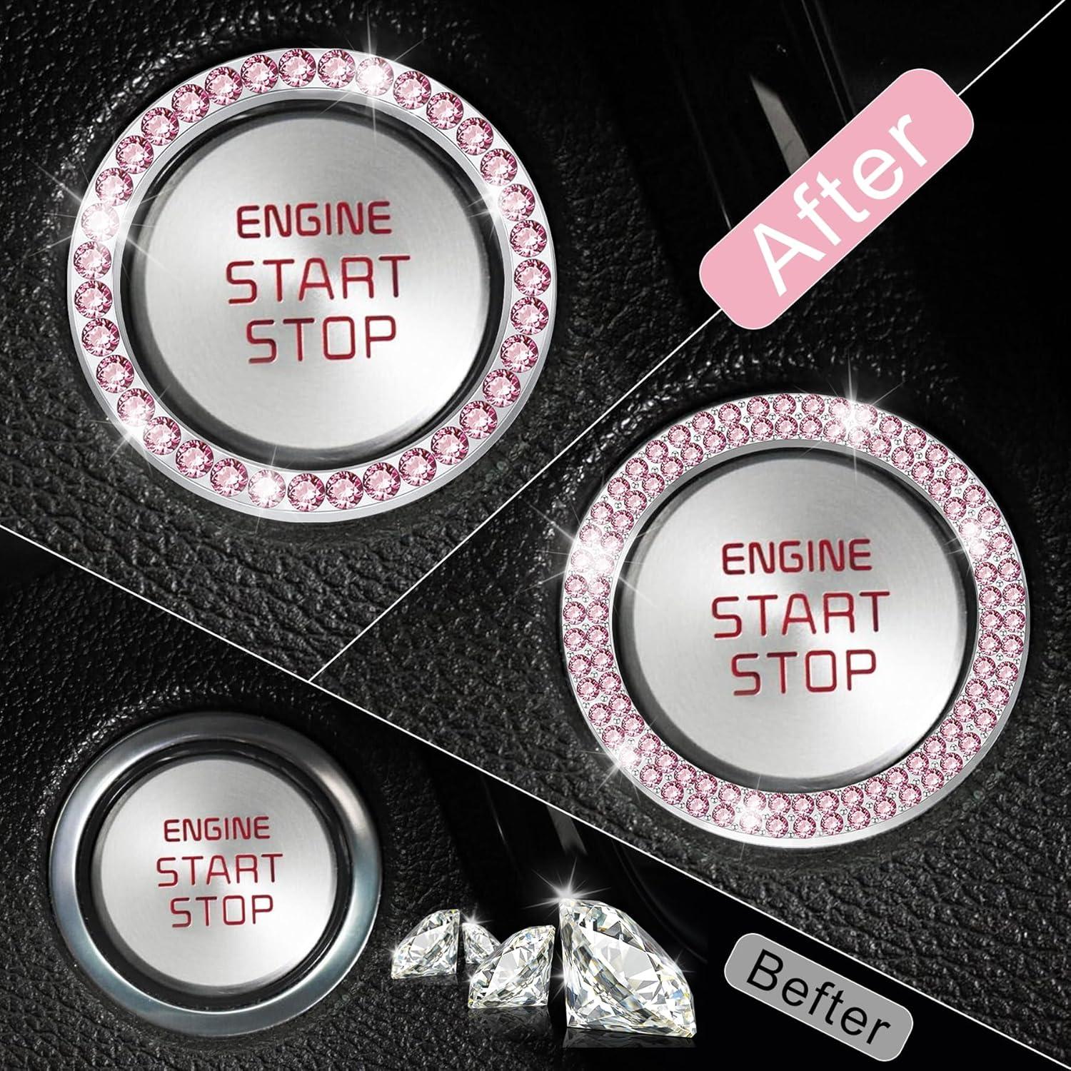imageLivTee 2 PCS Crystal Rhinestone Car Engine Start Stop Decoration Ring Bling Car Interior Accessories for Women Push to Start Button Cover Sticker Automotive Decals WhiteSet Pink