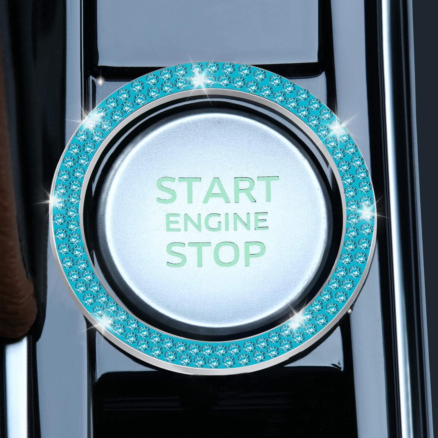 imageLivTee 2 PCS Crystal Rhinestone Car Engine Start Stop Decoration Ring Bling Car Interior Accessories for Women Push to Start Button Cover Sticker Automotive Decals WhiteDouble Cyan