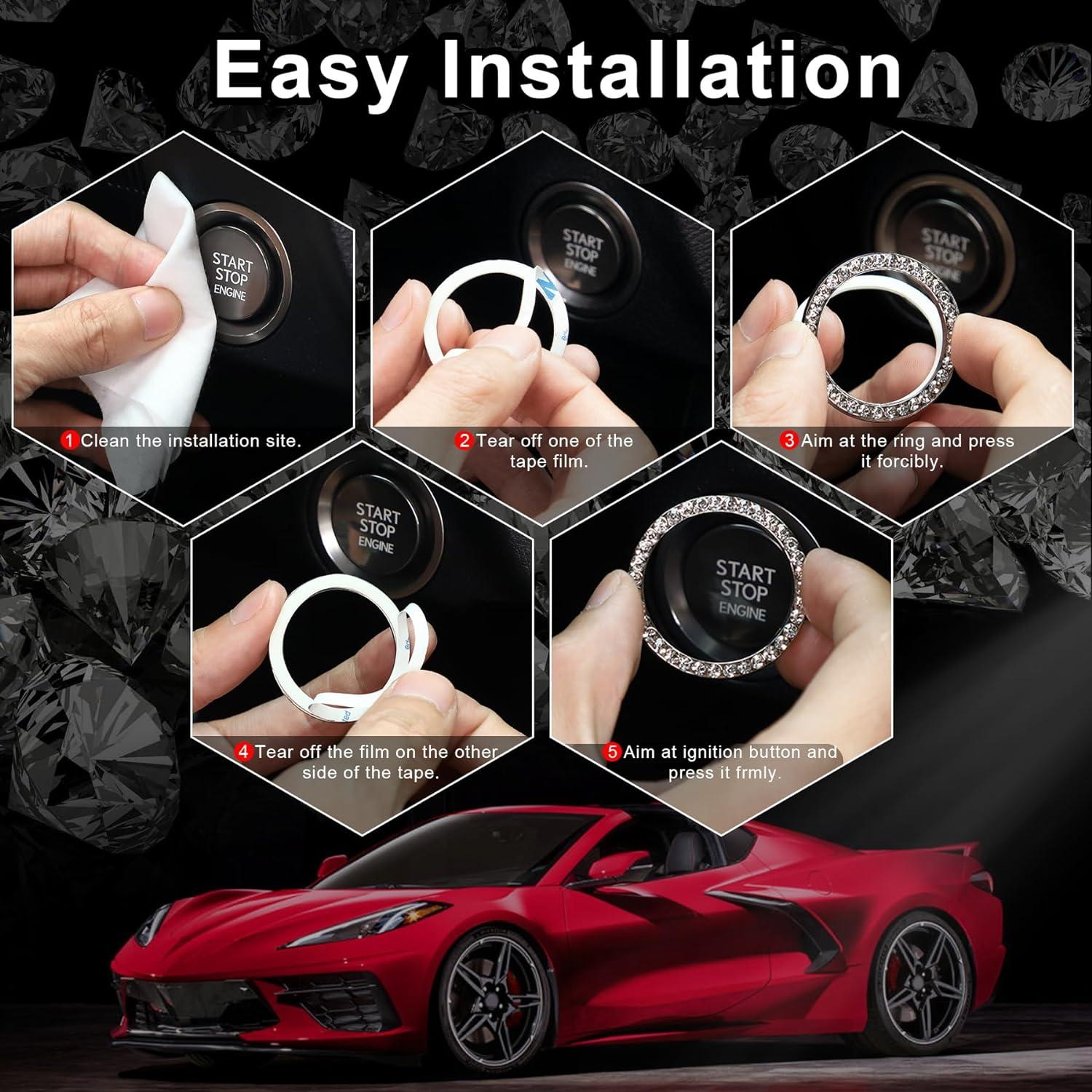 imageLivTee 2 PCS Crystal Rhinestone Car Engine Start Stop Decoration Ring Bling Car Interior Accessories for Women Push to Start Button Cover Sticker Automotive Decals WhiteSet Red