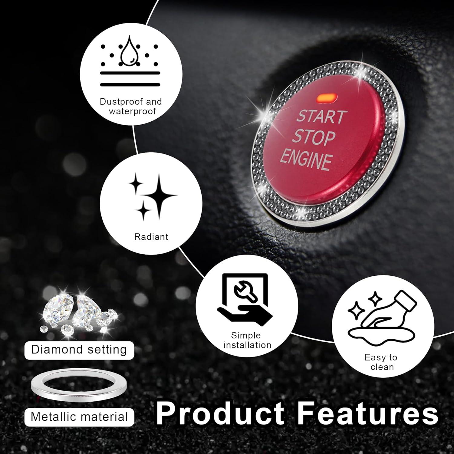 imageLivTee 2 PCS Crystal Rhinestone Car Engine Start Stop Decoration Ring Bling Car Interior Accessories for Women Push to Start Button Cover Sticker Automotive Decals WhiteDouble Glossy Black