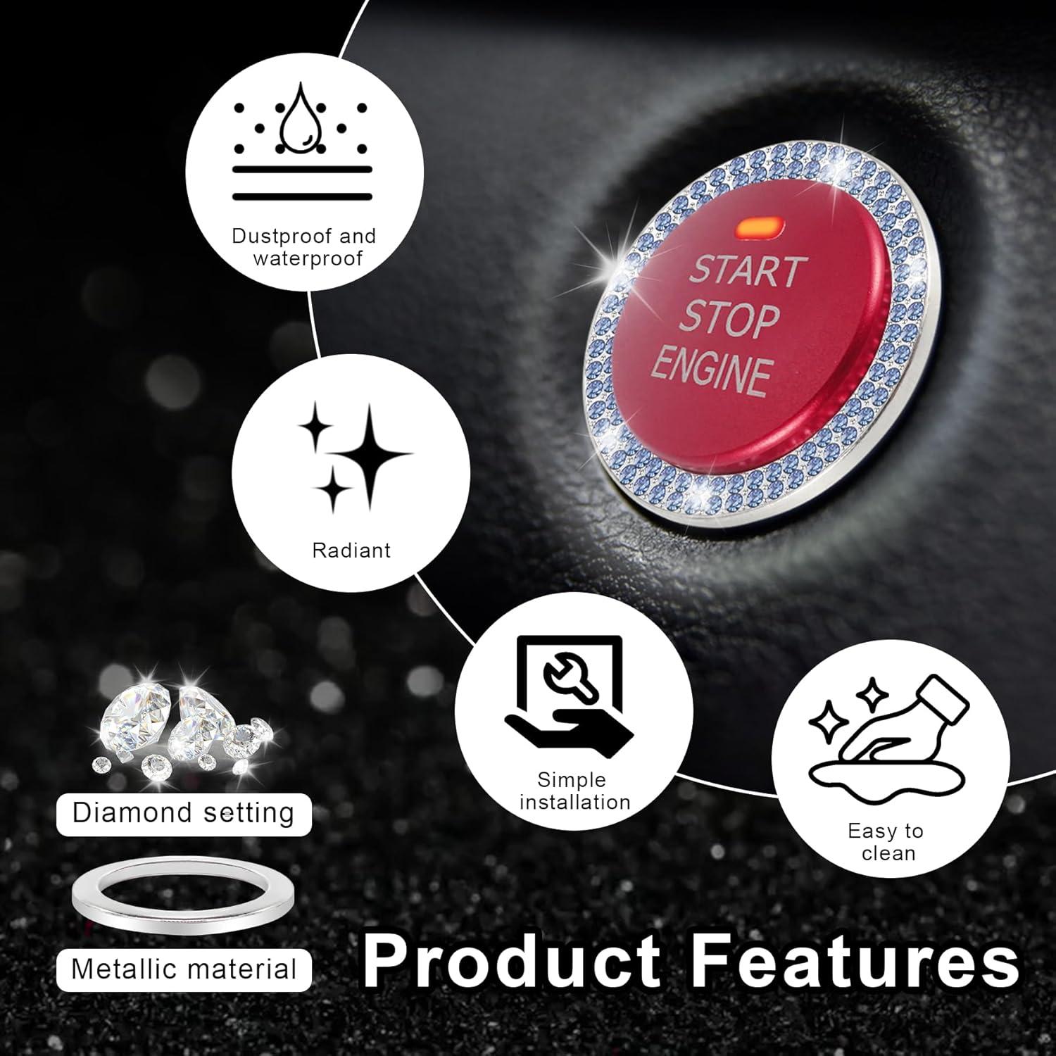 imageLivTee 2 PCS Crystal Rhinestone Car Engine Start Stop Decoration Ring Bling Car Interior Accessories for Women Push to Start Button Cover Sticker Automotive Decals WhiteLight Blue