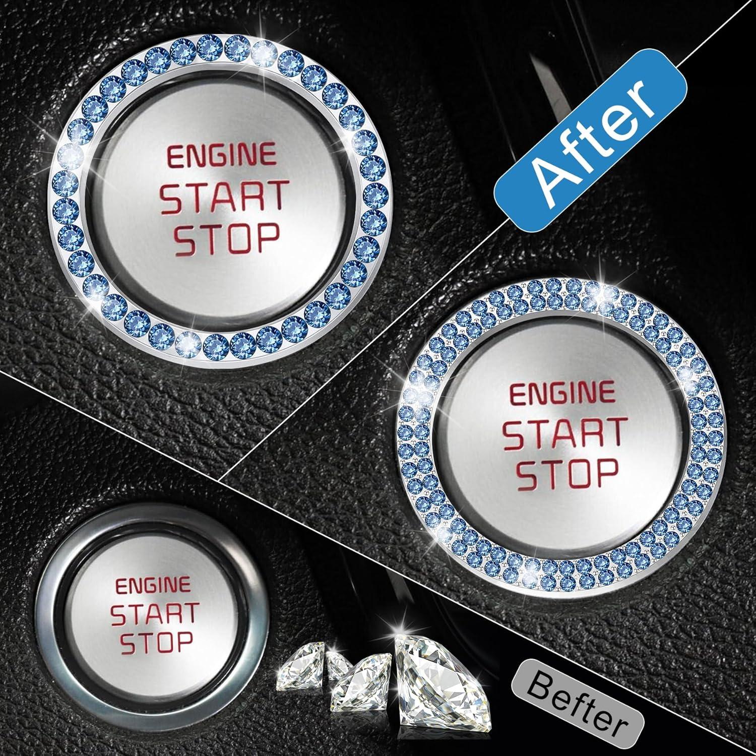 imageLivTee 2 PCS Crystal Rhinestone Car Engine Start Stop Decoration Ring Bling Car Interior Accessories for Women Push to Start Button Cover Sticker Automotive Decals WhiteSet Light Blue