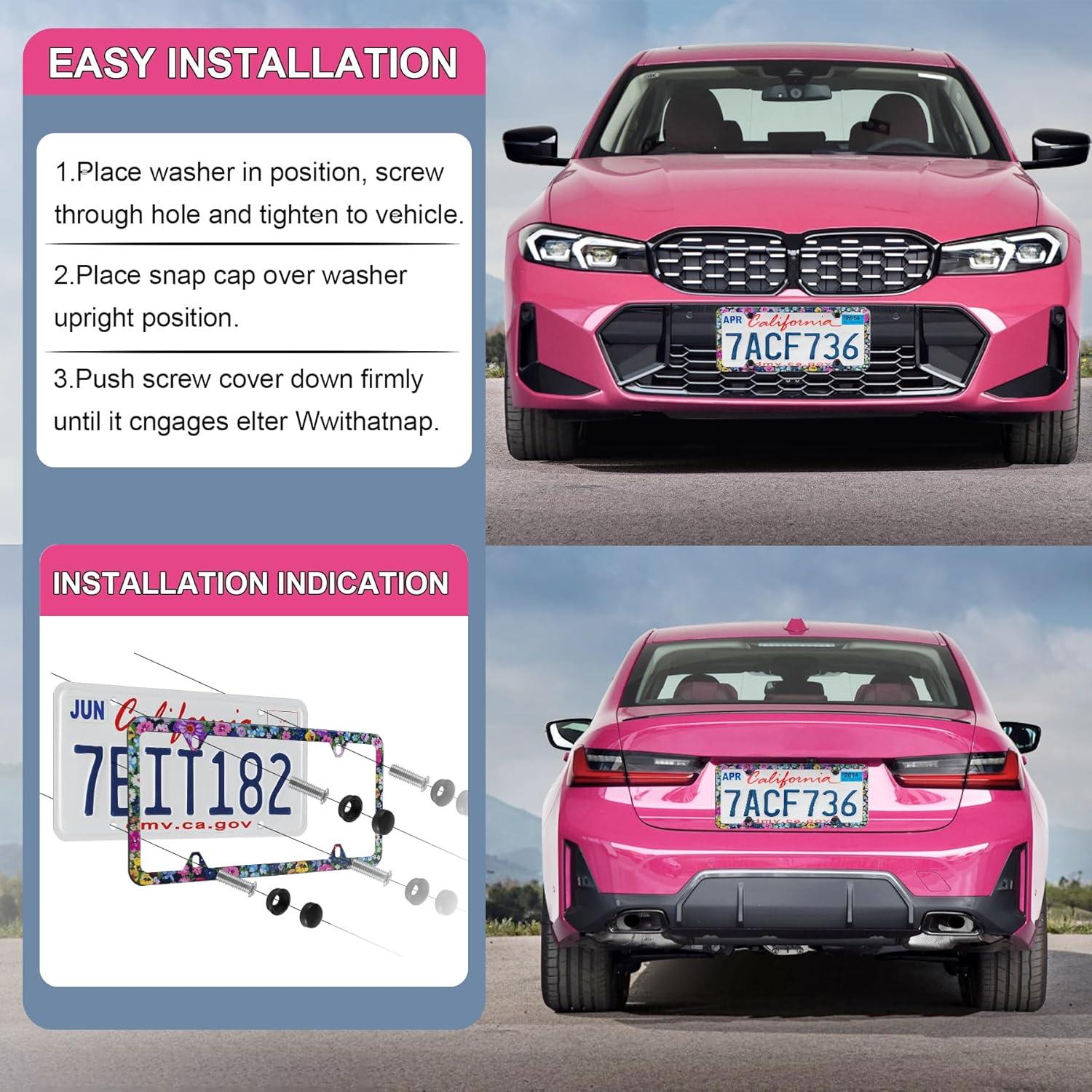 imageLivTee Carbon Fiber License Plate Frames 2 Holes Stainless Steel License Plate Covers 2PCS Car License Plate Holder Slim Design with Gasket Cover for US Cars Automotive Exterior AccessoriesFloral