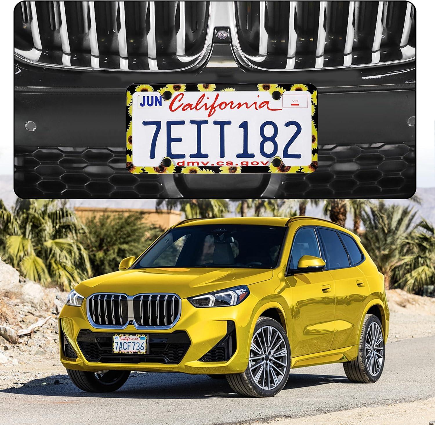 imageLivTee Carbon Fiber License Plate Frames 2 Holes Stainless Steel License Plate Covers 2PCS Car License Plate Holder Slim Design with Gasket Cover for US Cars Automotive Exterior AccessoriesSunflower