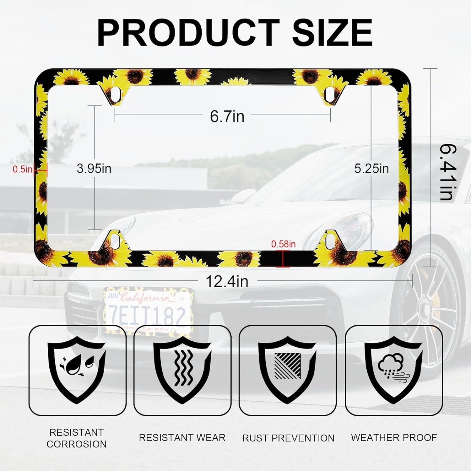 imageLivTee Carbon Fiber License Plate Frames 2 Holes Stainless Steel License Plate Covers 2PCS Car License Plate Holder Slim Design with Gasket Cover for US Cars Automotive Exterior AccessoriesSunflower