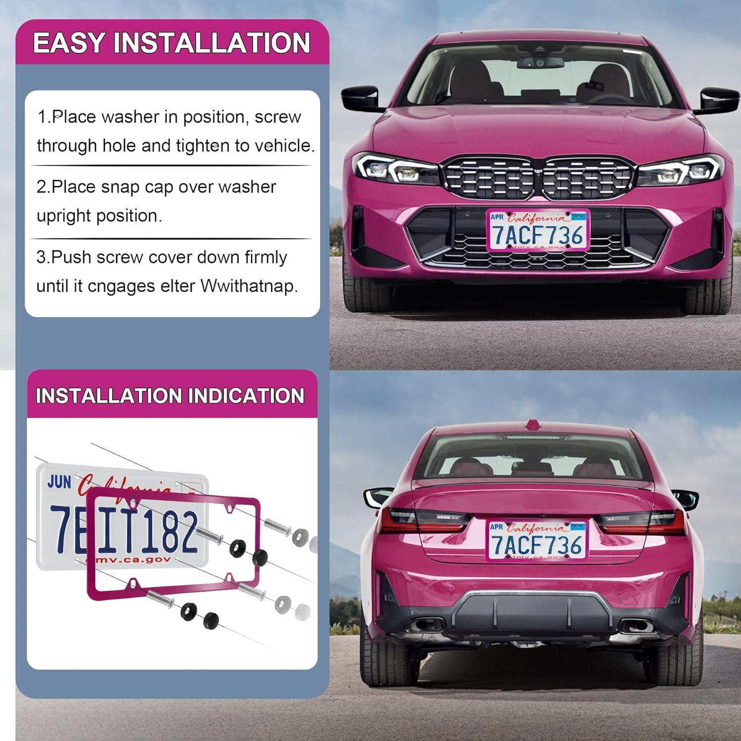 imageLivTee Carbon Fiber License Plate Frames 2 Holes Stainless Steel License Plate Covers 2PCS Car License Plate Holder Slim Design with Gasket Cover for US Cars Automotive Exterior AccessoriesHot Pink