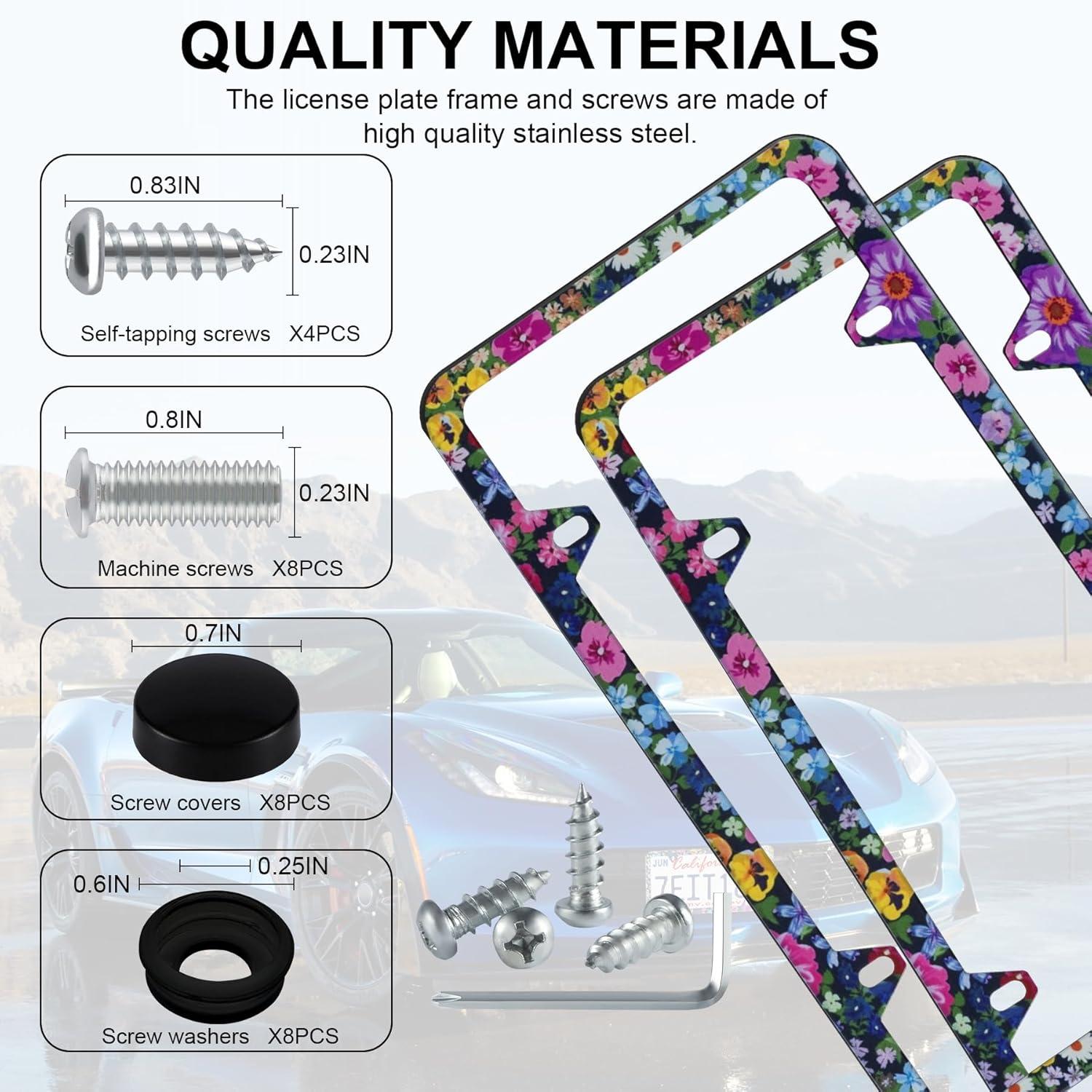 imageLivTee Carbon Fiber License Plate Frames 2 Holes Stainless Steel License Plate Covers 2PCS Car License Plate Holder Slim Design with Gasket Cover for US Cars Automotive Exterior AccessoriesFloral