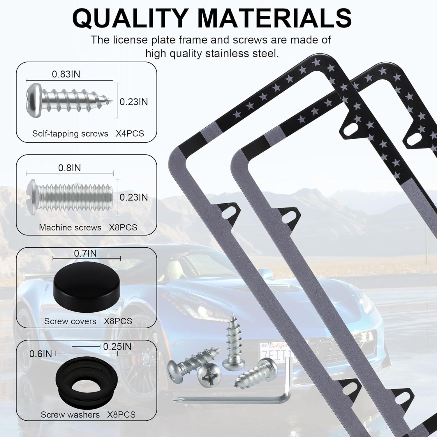 imageLivTee Carbon Fiber License Plate Frames 2 Holes Stainless Steel License Plate Covers 2PCS Car License Plate Holder Slim Design with Gasket Cover for US Cars Automotive Exterior AccessoriesFlag BG