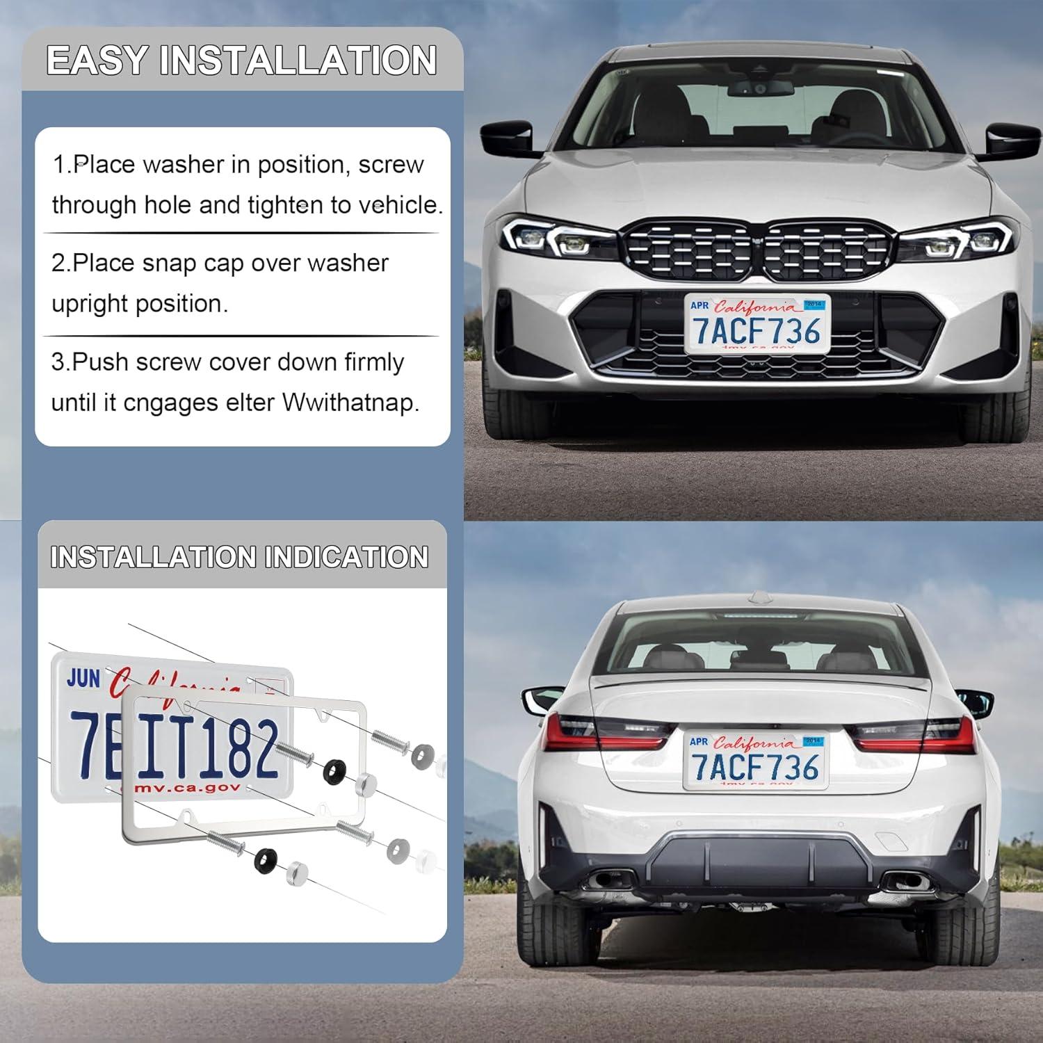 imageLivTee Carbon Fiber License Plate Frames 2 Holes Stainless Steel License Plate Covers 2PCS Car License Plate Holder Slim Design with Gasket Cover for US Cars Automotive Exterior AccessoriesSilver