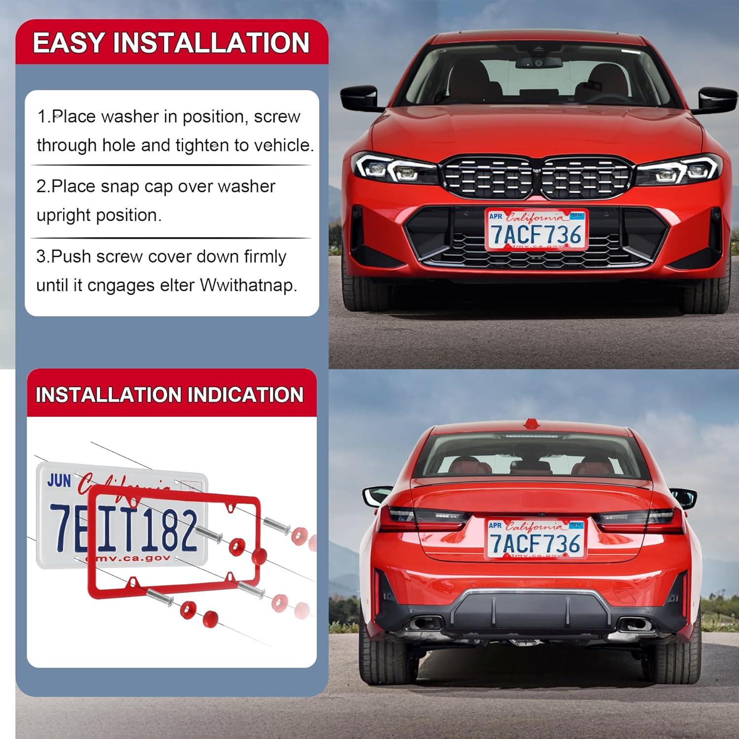 imageLivTee Carbon Fiber License Plate Frames 2 Holes Stainless Steel License Plate Covers 2PCS Car License Plate Holder Slim Design with Gasket Cover for US Cars Automotive Exterior AccessoriesRed