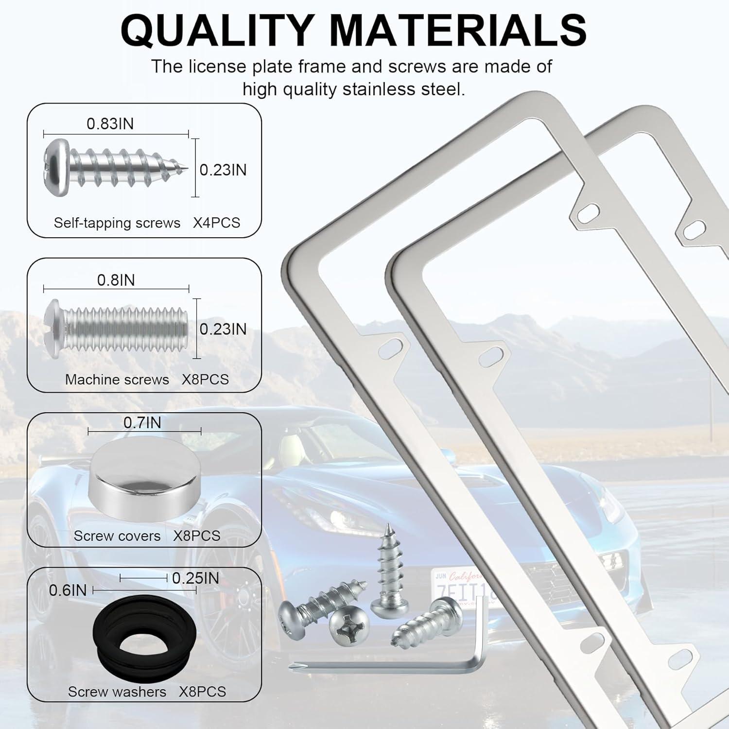 imageLivTee Carbon Fiber License Plate Frames 2 Holes Stainless Steel License Plate Covers 2PCS Car License Plate Holder Slim Design with Gasket Cover for US Cars Automotive Exterior AccessoriesSilver