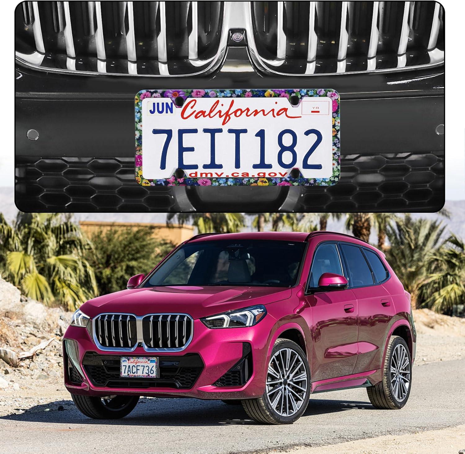 imageLivTee Carbon Fiber License Plate Frames 2 Holes Stainless Steel License Plate Covers 2PCS Car License Plate Holder Slim Design with Gasket Cover for US Cars Automotive Exterior AccessoriesFloral