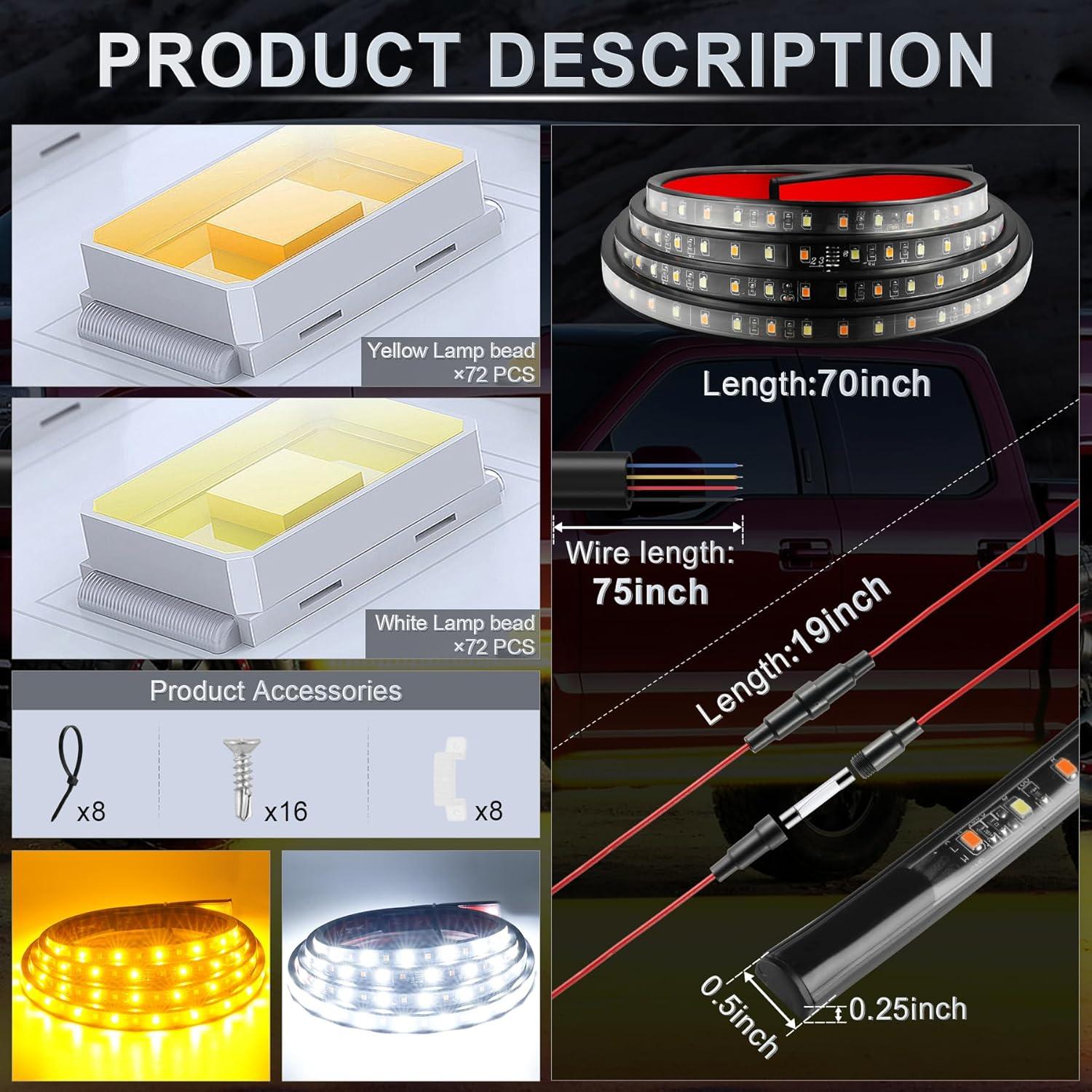 imageLivTee LED Running Board Lights for Trucks 2PCS 70 Inch Waterproof Light Bar with 144 LEDs White Courtesy Light ampamp Sequential Amber Turn Signal Side Marker Light for Pickup SUV Car  IP67 Waterproof