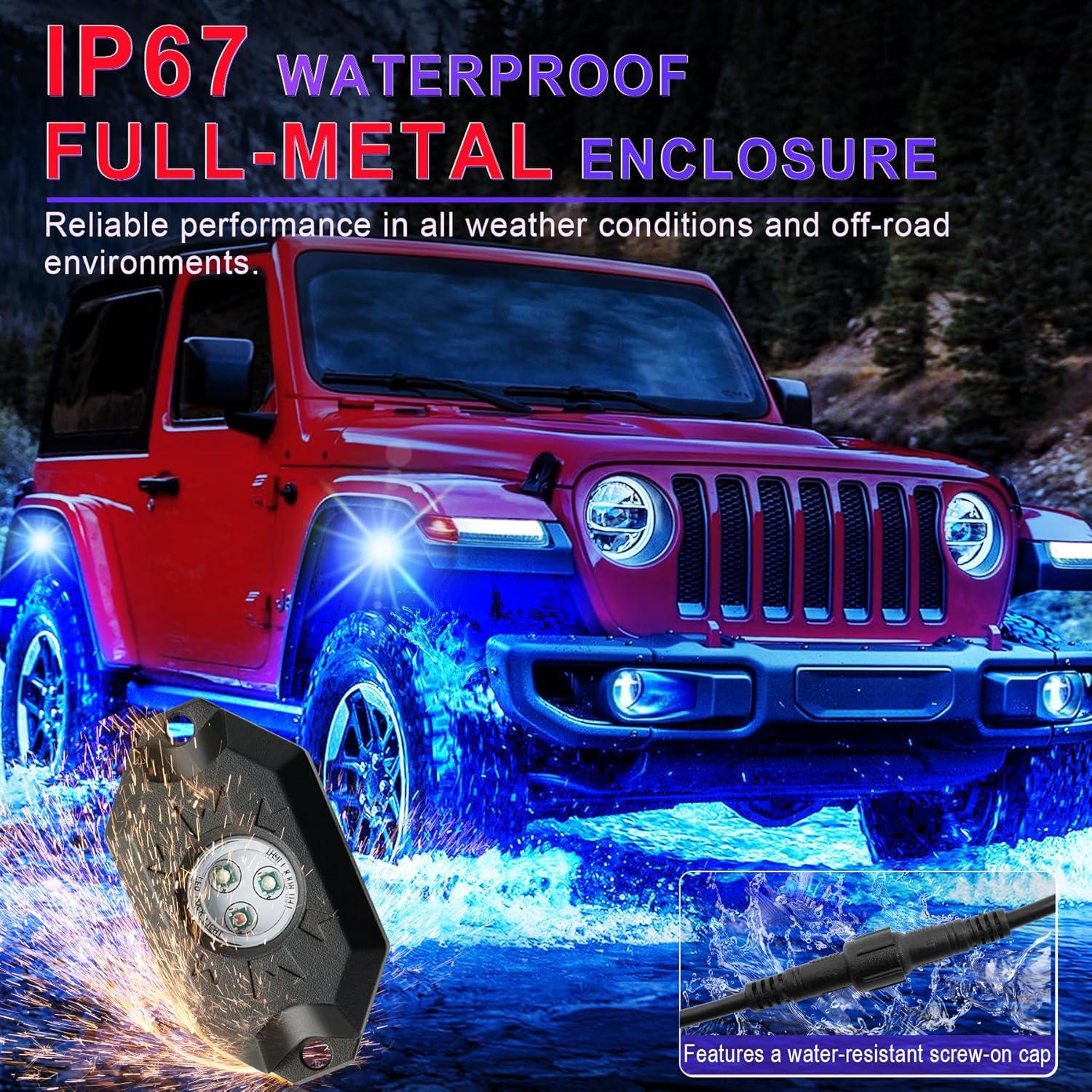 imageLivTee RGB LED Rock Lights Kit 4 Pods Waterproof Underglow Neon Lights with Bluetooth App Control  MultiColor ampamp Music Sync Wheel Light for Trucks SUV UTV ATV RZR Golf Cart