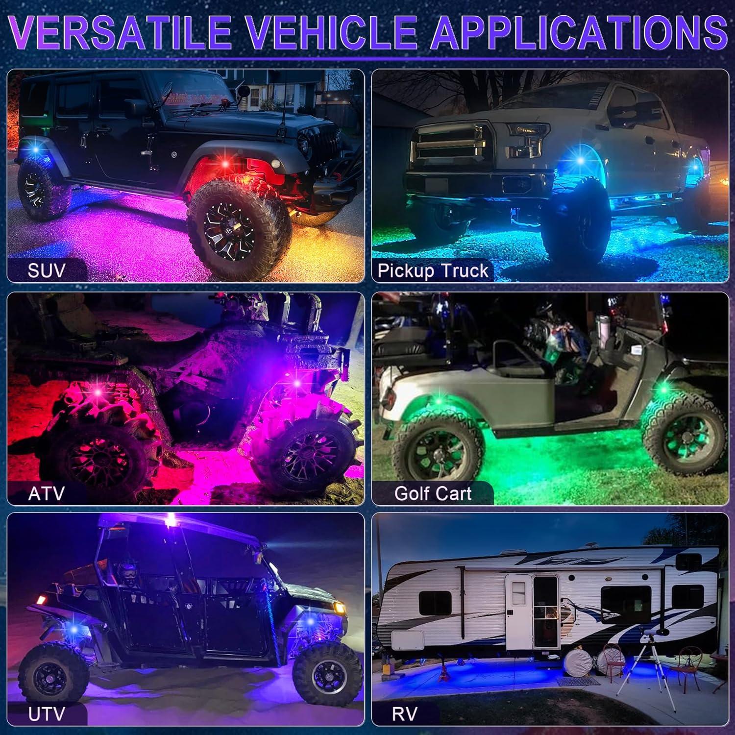 imageLivTee RGB LED Rock Lights Kit 4 Pods Waterproof Underglow Neon Lights with Bluetooth App Control  MultiColor ampamp Music Sync Wheel Light for Trucks SUV UTV ATV RZR Golf Cart