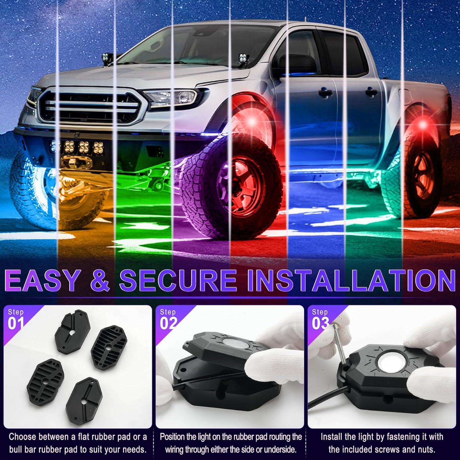 imageLivTee RGB LED Rock Lights Kit 4 Pods Waterproof Underglow Neon Lights with Bluetooth App Control  MultiColor ampamp Music Sync Wheel Light for Trucks SUV UTV ATV RZR Golf Cart