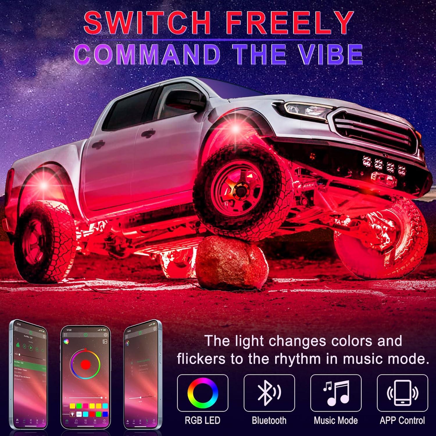 imageLivTee RGB LED Rock Lights Kit 4 Pods Waterproof Underglow Neon Lights with Bluetooth App Control  MultiColor ampamp Music Sync Wheel Light for Trucks SUV UTV ATV RZR Golf Cart