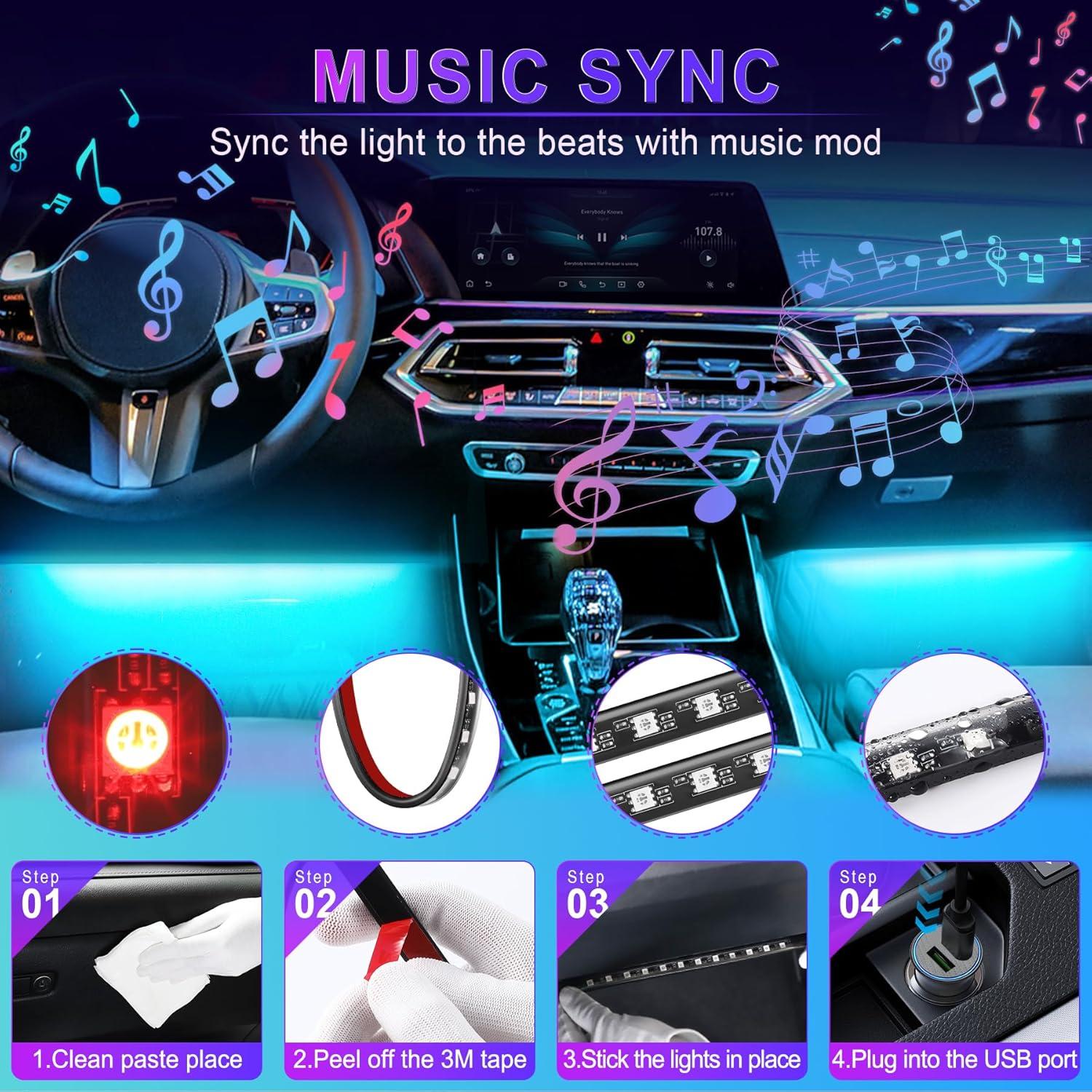 imageLivTee Smart Car Interior Lights RGB LED Accent Lights with App Control Music Mode DIY Mode 2Line Design Charger Included Car Accessories for WomenWith Car Charger