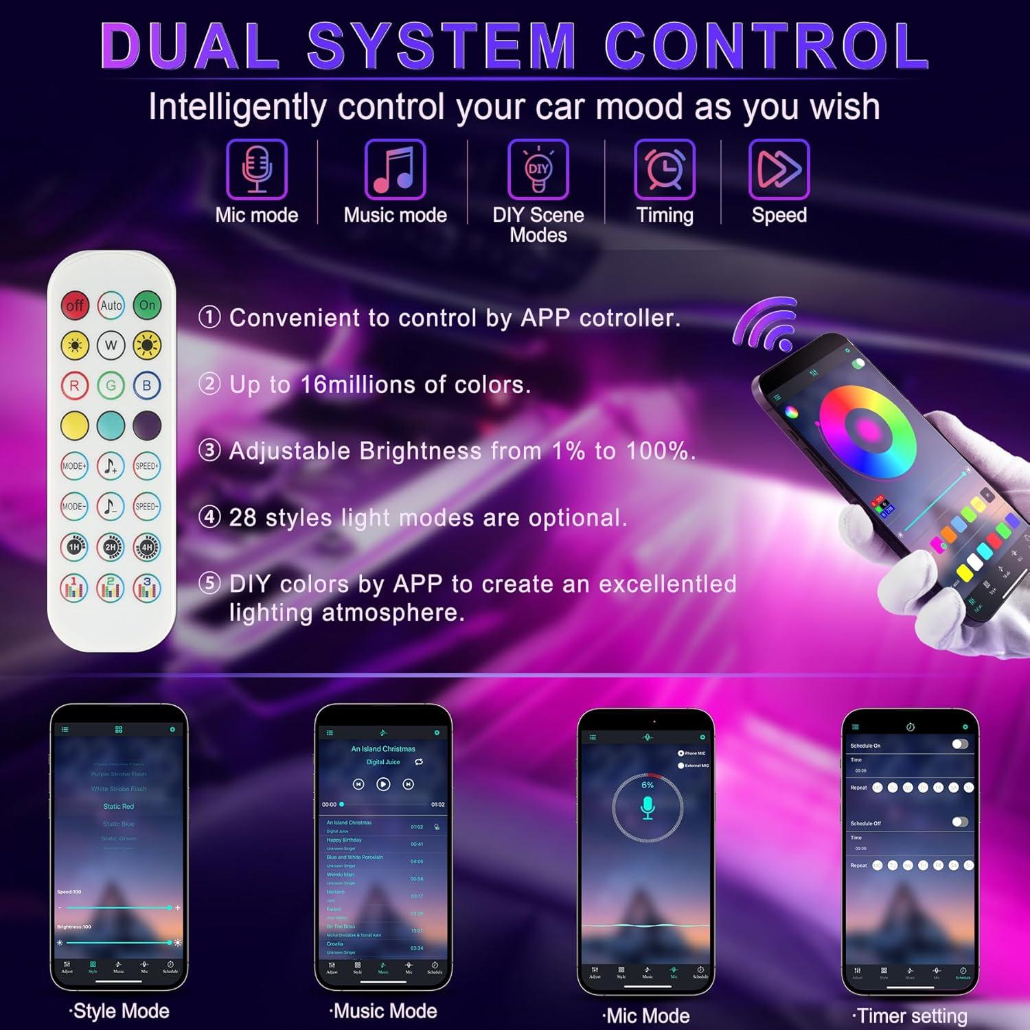 imageLivTee Smart Car Interior Lights RGB LED Accent Lights with App Control Music Mode DIY Mode 2Line Design Charger Included Car Accessories for WomenWith Remote Control