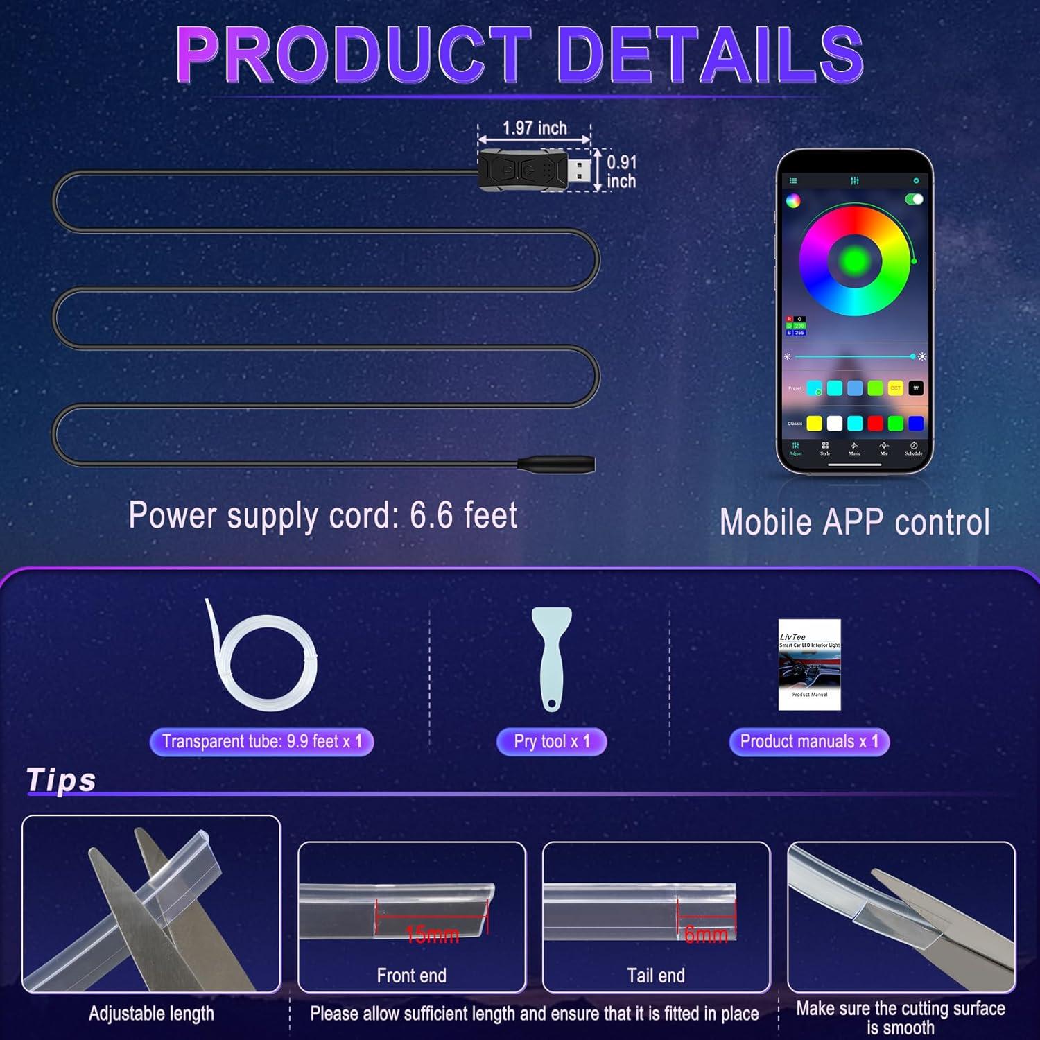 imageLivTee Smart Car LED Interior Lights with USB Port LED Strip Fiber Optic Lights Wireless App Control Sync to Music Car Accessories Gifts for Women and Men 5 in 1Fiber Optic Lights1to1