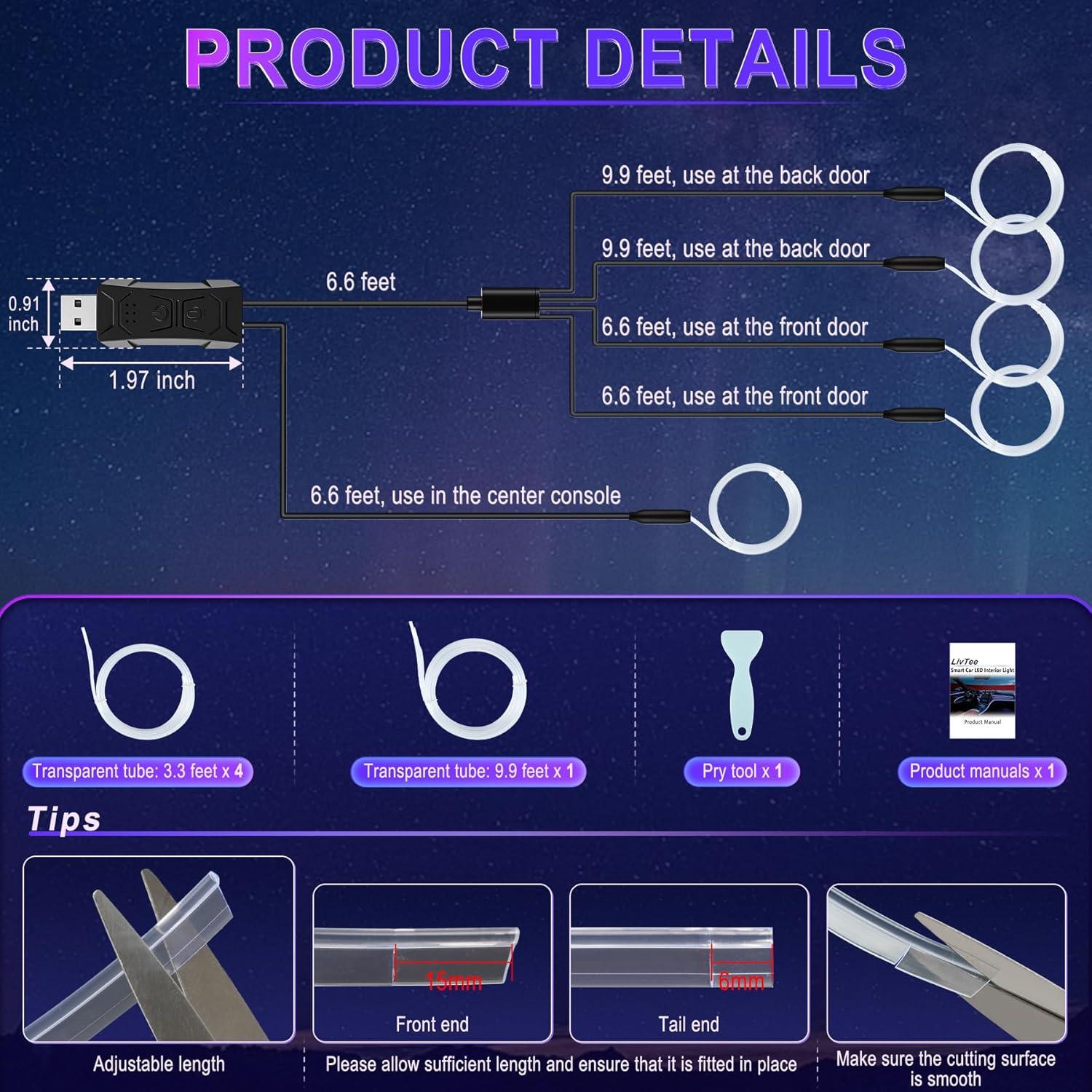 imageLivTee Smart Car LED Interior Lights with USB Port LED Strip Fiber Optic Lights Wireless App Control Sync to Music Car Accessories Gifts for Women and Men 5 in 1Fiber Optic Lights1to5